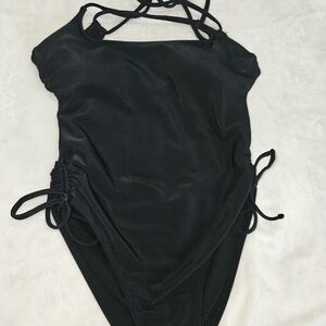 Xhilaration Black Ribbed One-Piece Swimsuit with Side Ties